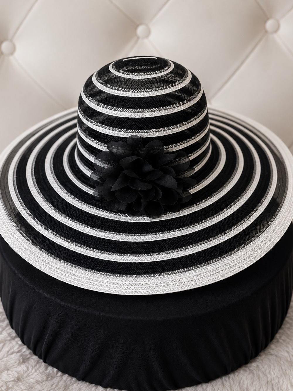 Elegant Black & White Striped Wide-Brim Hat with Flower Accent